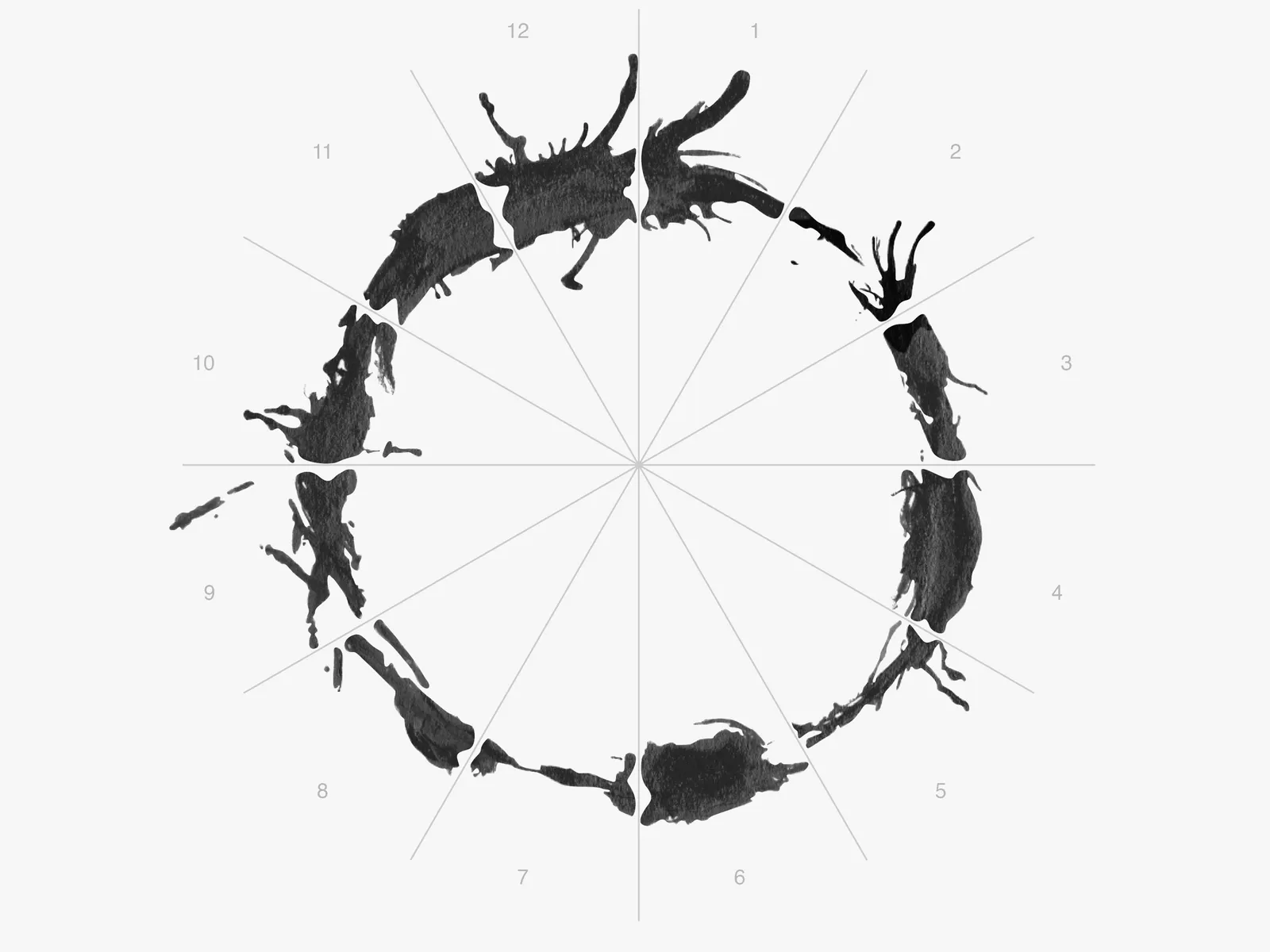 Heptapod logogram from Arrival - a circular ink-like symbol divided into 12 segments, demonstrating non-linear 2D information encoding